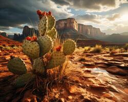 Desert Solitude - Lone Cactus in a Stormy Desert Landscape. Generative AI photo