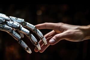 A human hand is reaching out to touch a robotic one. photo
