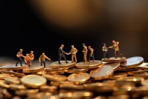 A group of miniature people climbing up a pile of coins. Journey of achieving business growth in a competitive market. photo