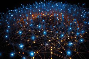 A dynamic, long - exposure shot taken with a wide - angle lens depicts a network of glowing, interconnected nodes suspended in mid - air. photo