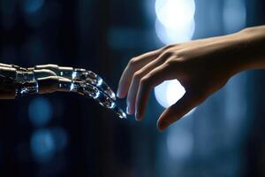 A human hand is reaching out to touch a robotic one. photo