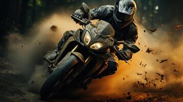 Speed On A Wet Track - A Dynamic Action Shot Of A Motorcycle Racer Making A Sharp Turn. photo