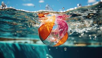 Vibrant Summer - Beach Ball Bouncing on Pool Water During Party. Generative AI photo