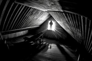 A haunting image of an attic, shot with a fisheye lens to create a distorted perspective. photo