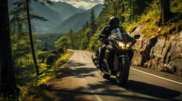 bosque paseo - un emocionante imagen de un motociclista montando mediante un devanado bosque la carretera. generativo ai foto