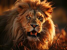 A stunning shot of a roaring lion during sunset in the African savanna.  Generative AI photo