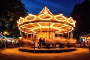 un tradicional carrusel en movimiento, un grapa visión a Oktoberfest. generativo ai foto