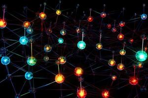 A network of glowing, interconnected nodes suspended in mid - air. photo