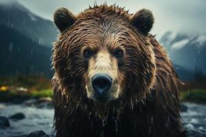 Stand Tall - Imposing Grizzly Bear in Alaskan Wilderness. Generative AI photo