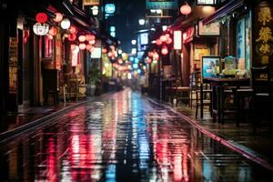 neón reflexión - lluvioso noche en un vibrante tokio calle. generativo ai foto