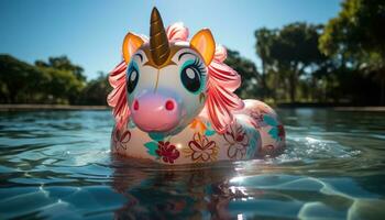 verano divertido - vistoso inflable unicornio flotante en turquesa piscina. generativo ai foto
