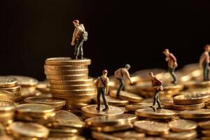 A group of miniature people climbing up a pile of coins. Journey of achieving business growth in a competitive market. photo