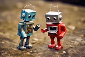 Two retro toy robots engaged in a conversation, placed on either side of a modern smartphone. Generative AI photo