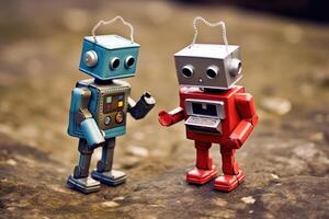 Two retro toy robots engaged in a conversation, placed on either side of a modern smartphone. photo