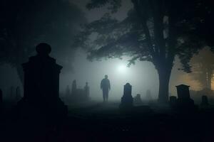 An eerie shot taken at the stroke of midnight, capturing the fog - laden backdrop of a cemetery. Generative AI photo