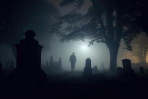 An eerie shot taken at the stroke of midnight, capturing the fog - laden backdrop of a cemetery. photo