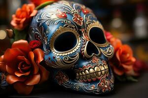 Festive Skull - Decorated Sugar Skull for Dia de los Muertos. Generative AI photo