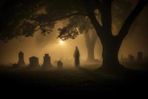 un misterioso Disparo tomado a el carrera de medianoche, capturar el niebla - cargado fondo de un cementerio. generativo ai foto