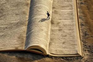 un niño caminando en un la carretera hecho de libro páginas, líder dentro un horizonte hecho desde un abierto libro. generativo ai foto