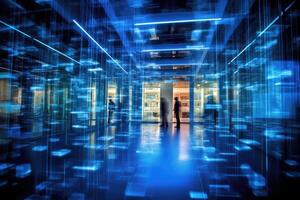 A dynamic shot capturing the flurry of digital networks inside a modern office. photo