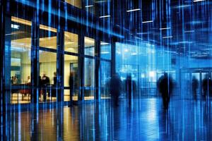 A dynamic shot capturing the flurry of digital networks inside a modern office. photo