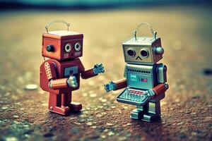 dos retro juguete robots comprometido en un conversación, metido en cualquiera lado de un moderno teléfono inteligente generativo ai foto