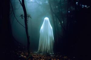 An ethereal figure, draped in white, standing amidst a foggy forest. Generative AI photo