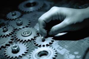 A mechanical hand reaching out to a human hand across a table strewn with gears and blueprints. photo