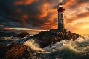 A bold lighthouse standing against a stormy sea under a brooding sky at twilight. photo