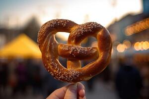 A close - up of a giant pretzel, a staple of Oktoberfest. Generative AI photo