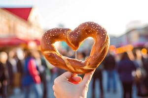 A close - up of a giant pretzel, a staple of Oktoberfest. Generative AI photo