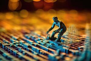 A miniature figurine surfer navigating a sea of fluctuating graphs and charts on a computer screen. photo