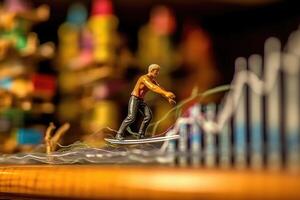 A miniature figurine surfer navigating a sea of fluctuating graphs and charts on a computer screen. photo