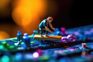 A miniature figurine surfer navigating a sea of fluctuating graphs and charts on a computer screen. photo