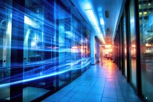 A dynamic shot capturing the flurry of digital networks inside a modern office. photo