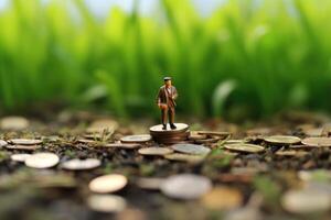 A miniature figure watering a field of upright standing coins. Generative AI photo