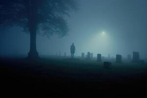 An eerie shot taken at the stroke of midnight, capturing the fog - laden backdrop of a cemetery. Generative AI photo