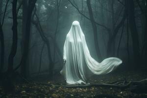 An ethereal figure, draped in white, standing amidst a foggy forest. Generative AI photo