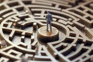 A miniature figure attempting to find their way through a life - sized labyrinth etched on a globe. photo