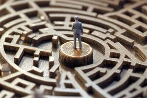 A miniature figure attempting to find their way through a life - sized labyrinth etched on a globe. Generative AI photo