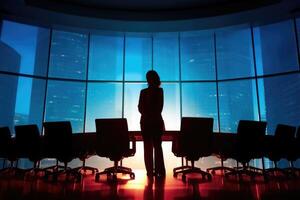 A female CEO stands at the front of a modern conference room, her image reflected on the glossy table. Generative AI photo