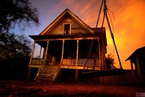 An old, wooden swing swaying in the wind in front of a haunted house. Generative AI photo