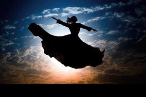 A daring silhouette shot of a witch against the backdrop of a massive, glowing moon. photo