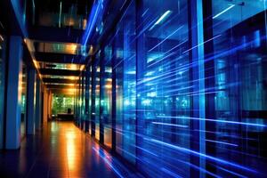 A dynamic shot capturing the flurry of digital networks inside a modern office. photo