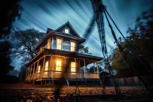 An old, wooden swing swaying in the wind in front of a haunted house. photo