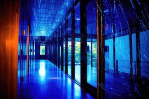 A dynamic shot capturing the flurry of digital networks inside a modern office. photo
