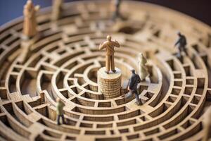 A miniature figure attempting to find their way through a life - sized labyrinth etched on a globe. photo