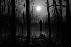 A witch standing alone in a forest clearing, silhouetted against a huge, glowing full moon. photo
