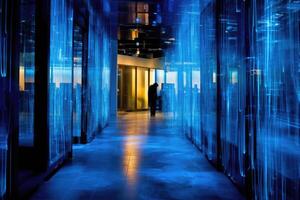 A dynamic shot capturing the flurry of digital networks inside a modern office. photo
