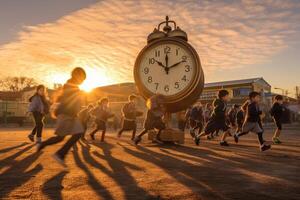 un masivo alarma reloj en un patio con niños ansiosamente corriendo hacia él. generativo ai foto